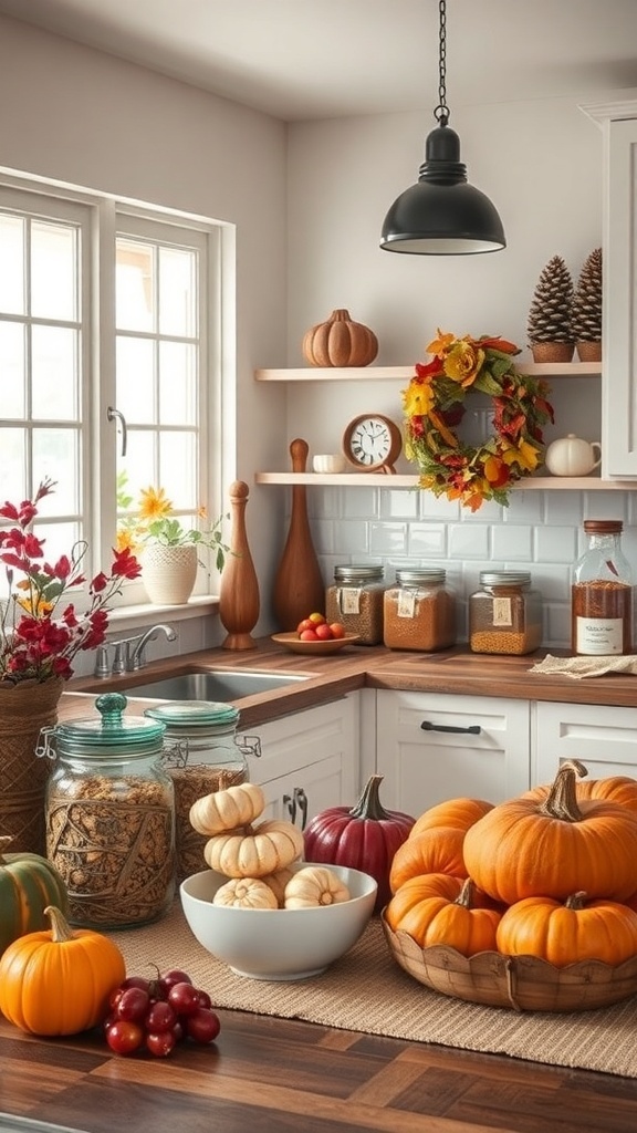 A cozy kitchen decorated for fall with pumpkins, flowers, and warm tones.