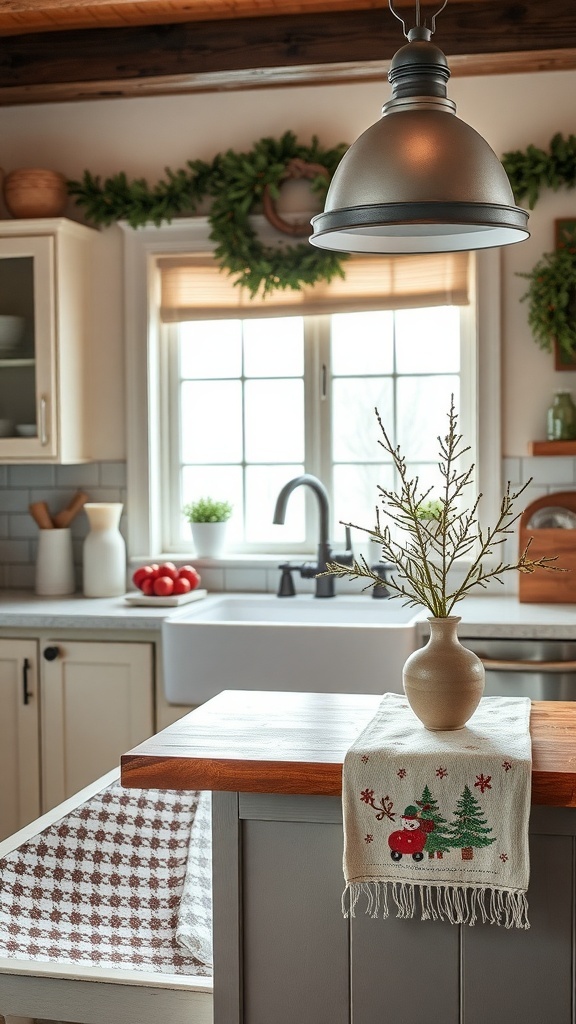 A cozy kitchen decorated for winter with greenery, a vase, and a festive table runner.