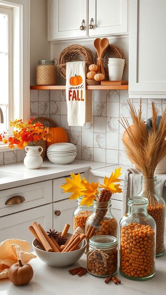 A cozy kitchen corner decorated for fall with jars of spices, dried flowers, pumpkins, and a 'Fall' towel.