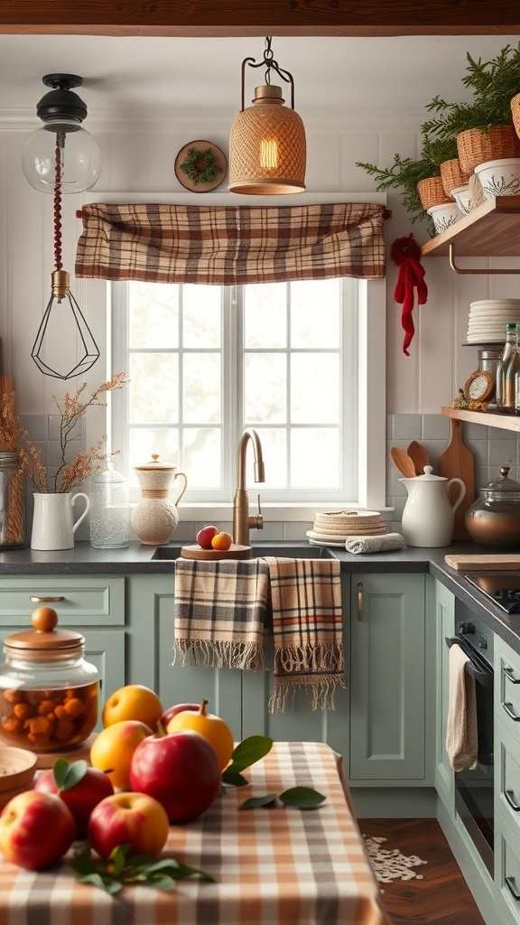 A cozy winter kitchen with plaid curtains, fresh fruits, and warm lighting.