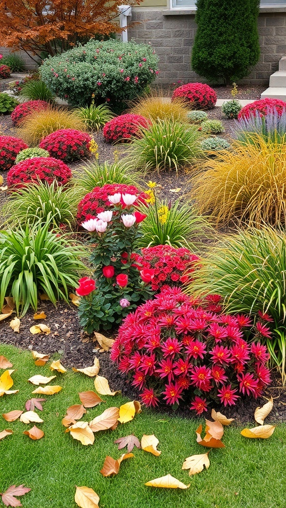 Colorful fall landscaping with flowers and ornamental grasses, surrounded by fallen leaves.