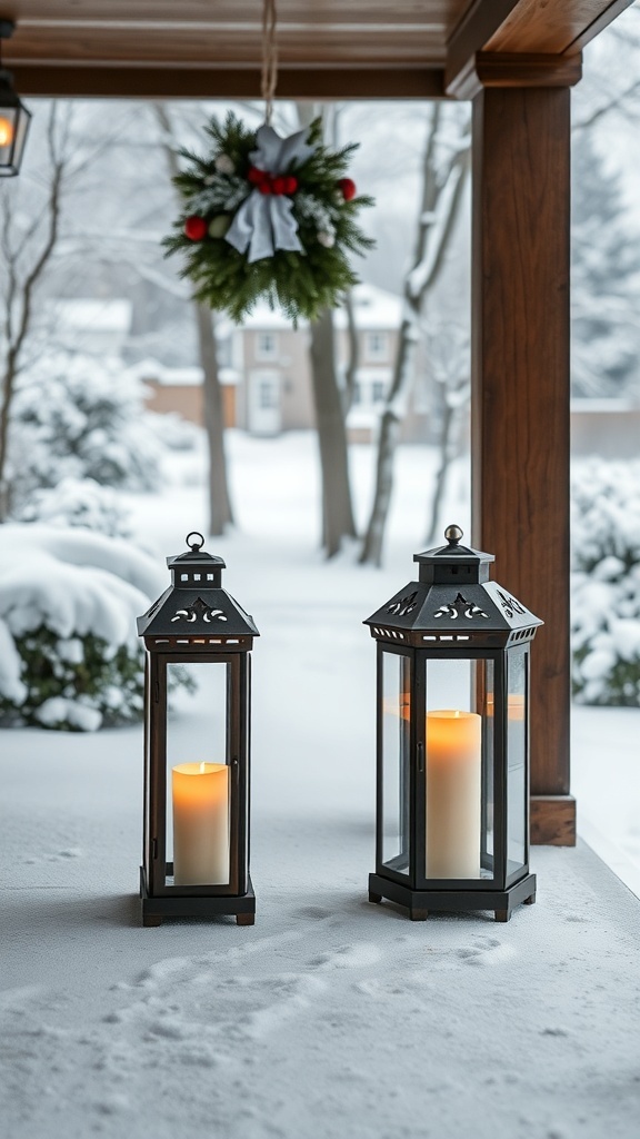 Two lanterns with candles on a snowy front porch, decorated with a wreath above.