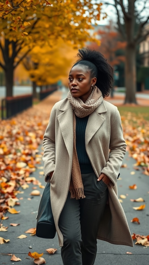 A black woman in a beige coat and scarf walking in a park with autumn leaves.