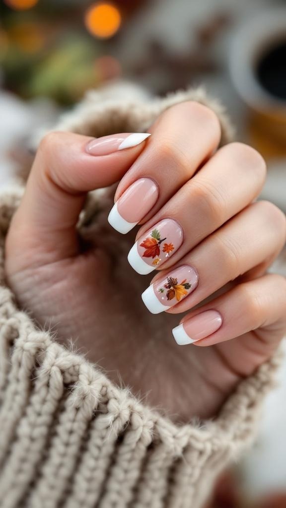 French tip nails with autumn floral designs