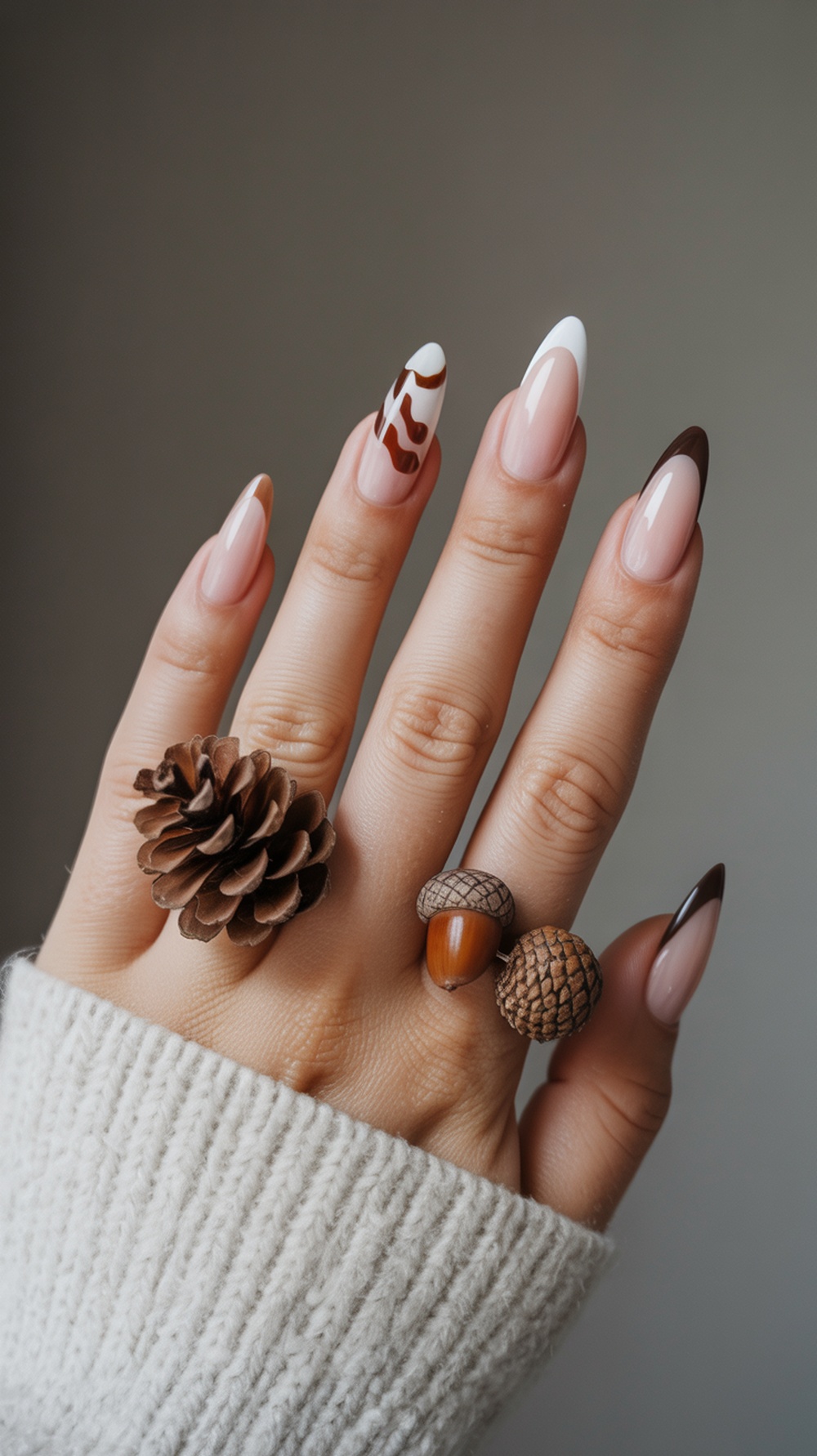 A hand with stylish fall-themed nails featuring earthy tones and nature-inspired designs.