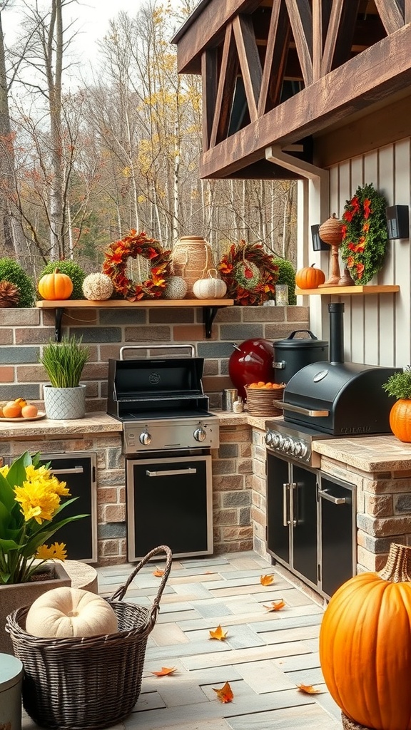 A beautifully decorated outdoor kitchen for fall, featuring a grill, pumpkins, and seasonal wreaths.