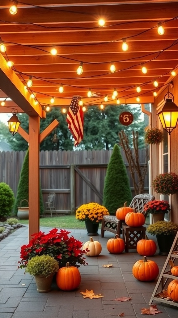 A beautifully decorated outdoor patio with string lights, pumpkins, and fall flowers.