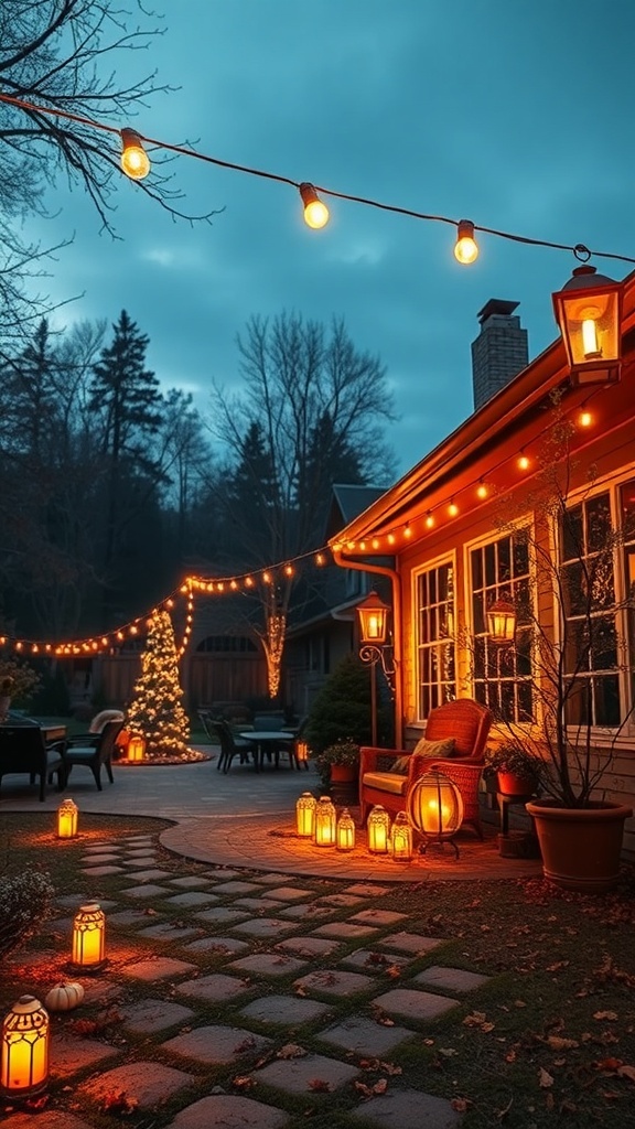 Cozy outdoor lighting in autumn with string lights and lanterns.