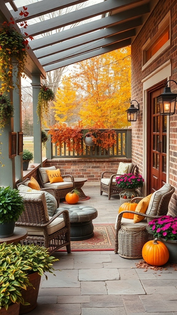 Cozy autumn porch with comfortable seating, pumpkins, and vibrant fall foliage.
