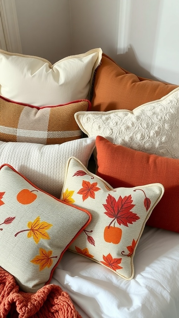 A cozy arrangement of fall-themed pillows in warm colors, featuring autumn leaves and pumpkins.