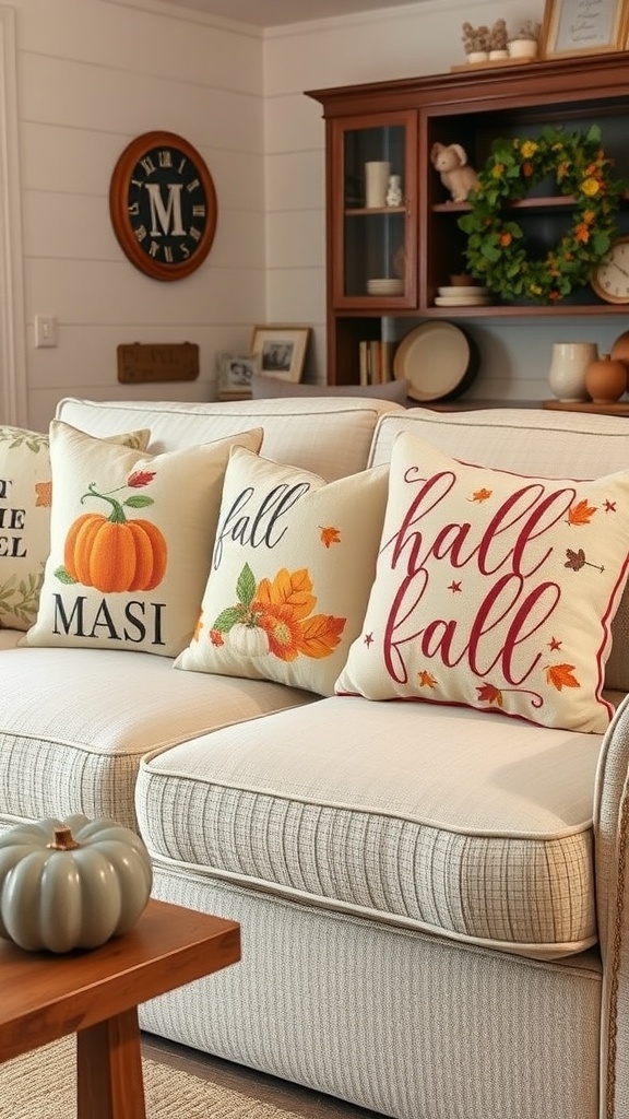 Cozy sofa with seasonal fall pillow covers featuring pumpkins and autumn leaves.