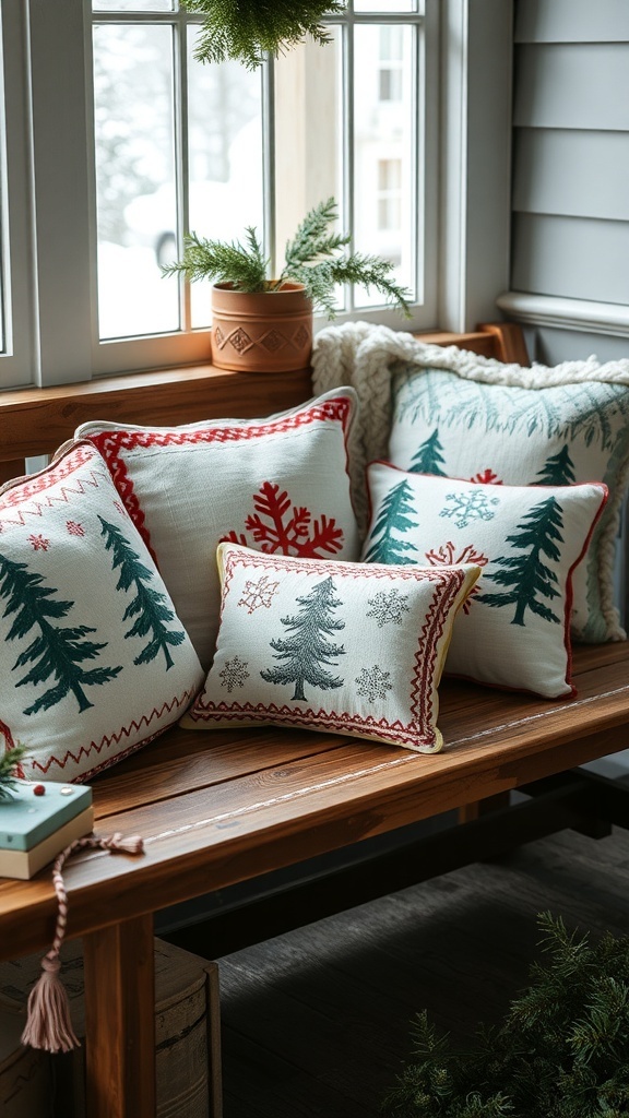 Winter-themed pillows and cushions on a porch bench with a festive wreath.