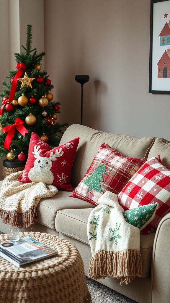 Cozy living room with Christmas-themed pillows and throws on a sofa.