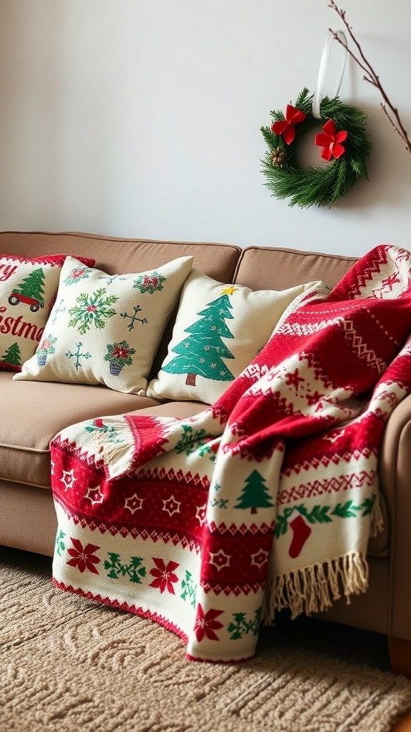 Cozy couch decorated with Christmas pillows and a festive throw blanket