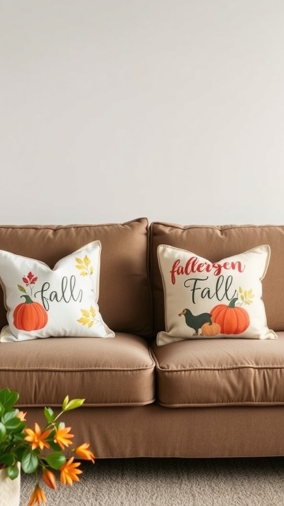 Two decorative pillows on a brown couch, one with a pumpkin design and the other with autumn leaves and a bird.
