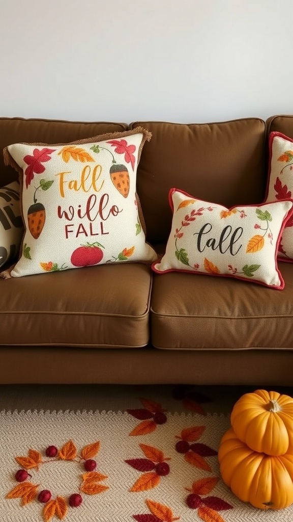 Cozy couch with seasonal pillows featuring fall prints and a stack of pumpkins