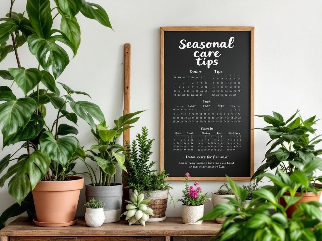 A cozy room with various plants and a chalkboard displaying seasonal care tips.