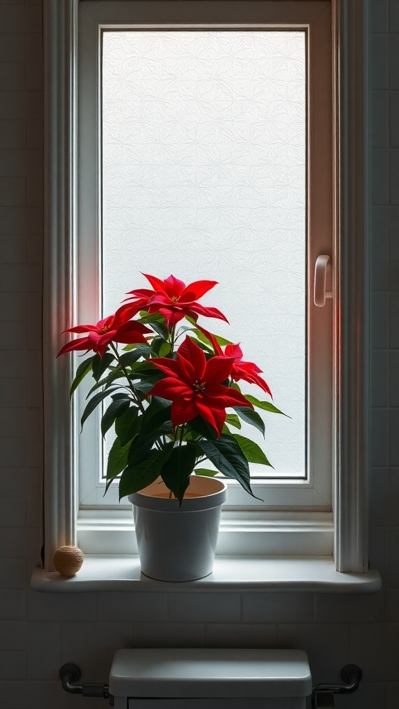 A vibrant poinsettia plant on a bathroom windowsill.