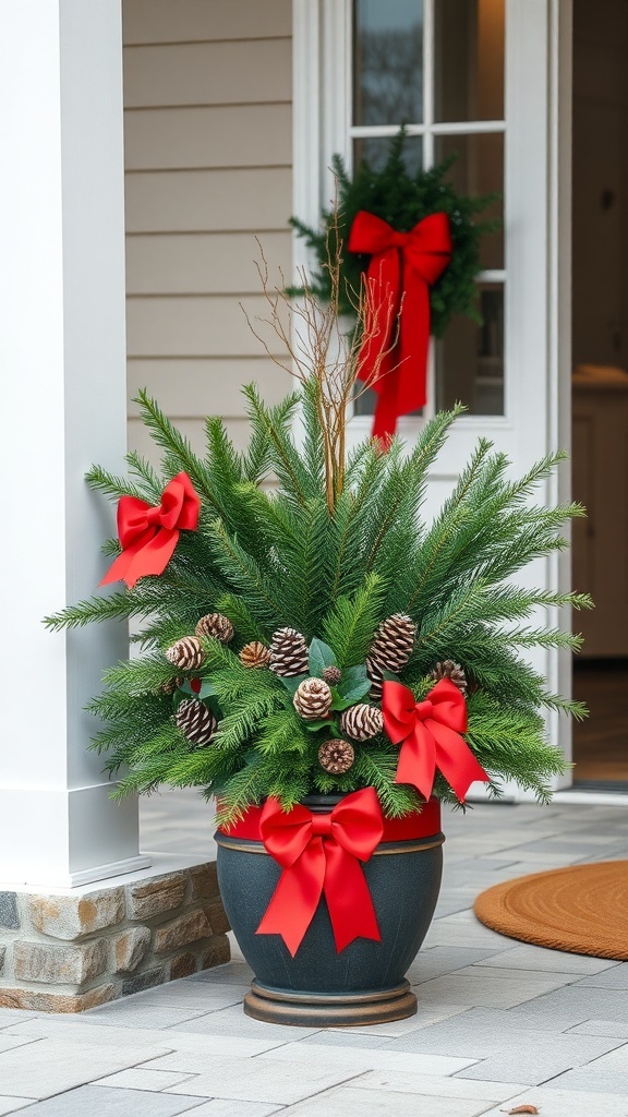 A festive outdoor planter with evergreen branches, pine cones, and red bows.