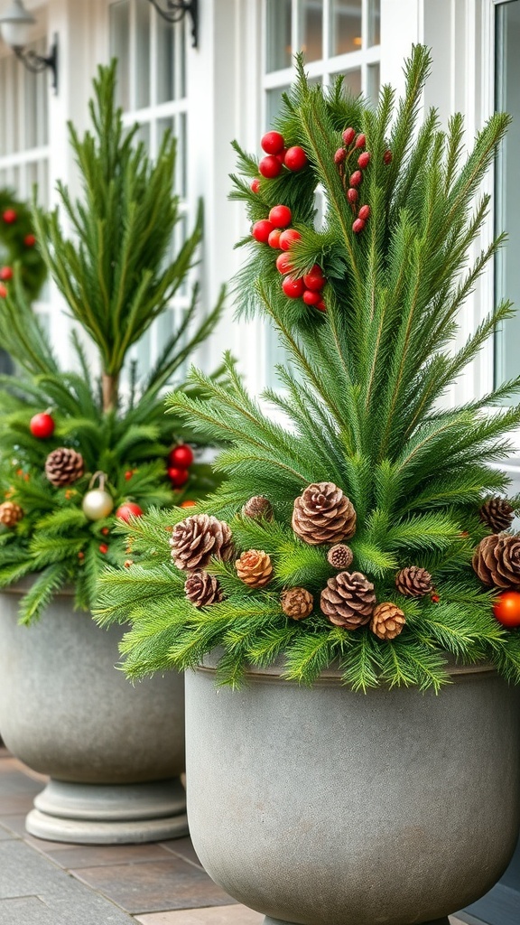 Seasonal planters with evergreen, red berries, and pinecones