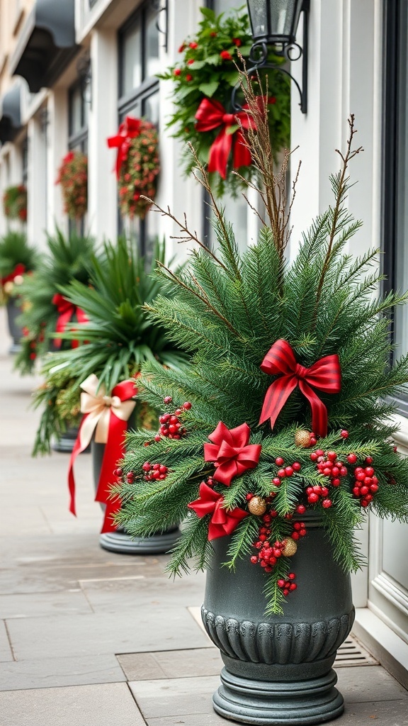 Seasonal planters with evergreens and festive decorations.