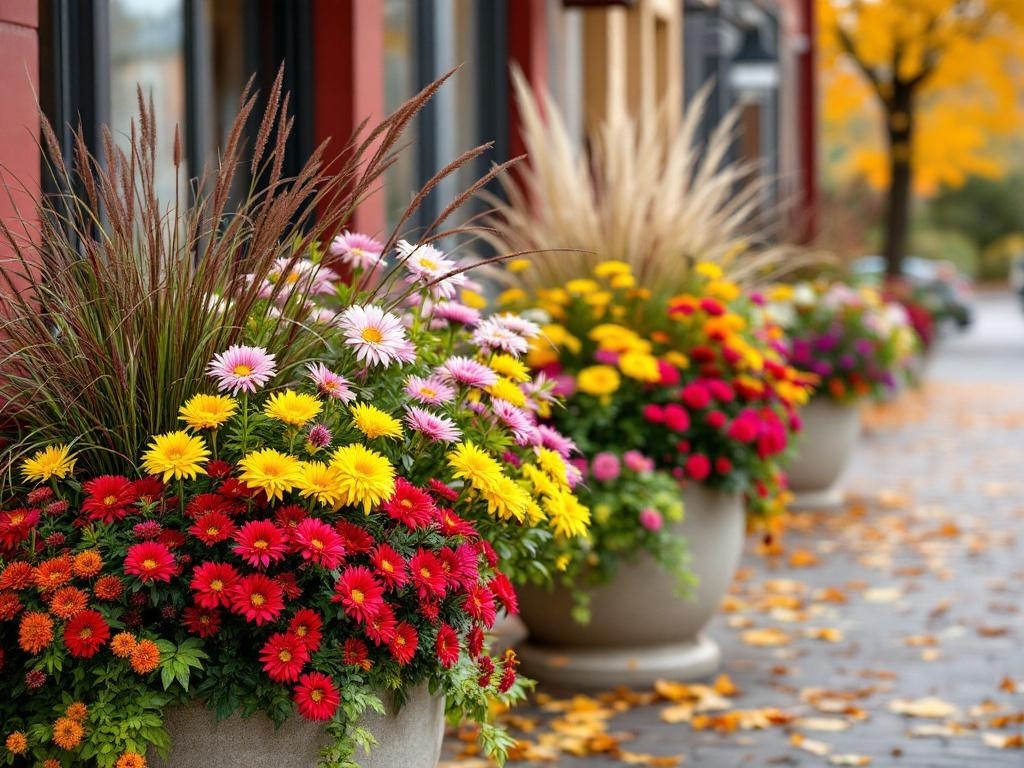 Colorful fall planters with mums and ornamental grasses