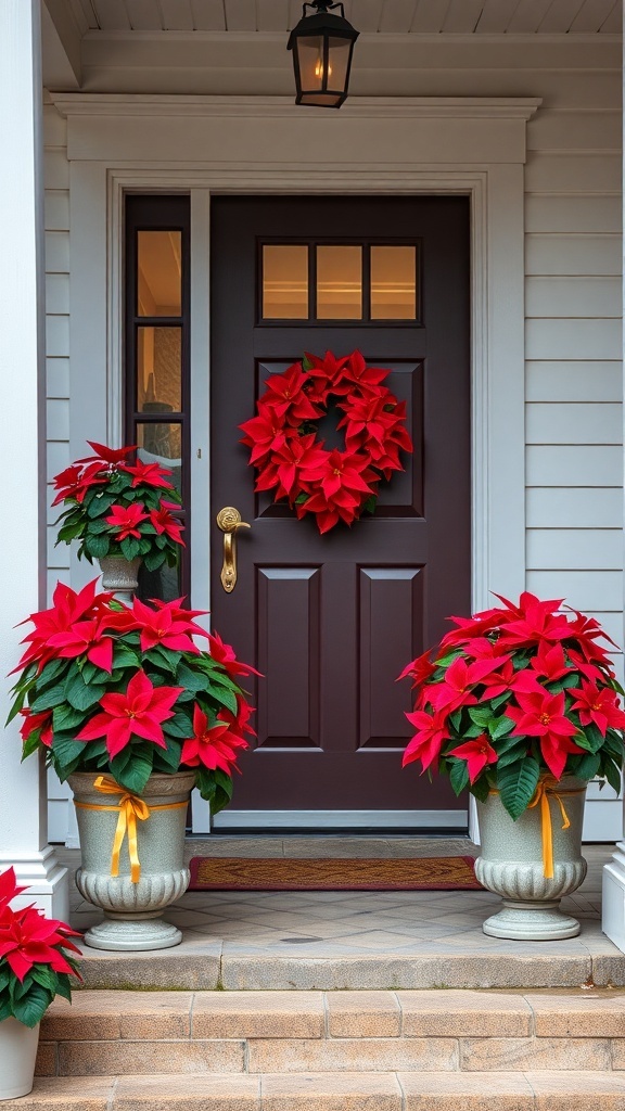 Front porch decorated with large planters of red poinsettias and a matching wreath on the door.