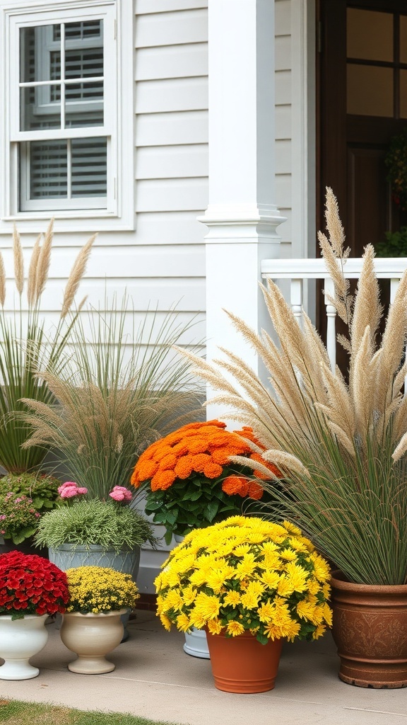 A porch decorated with colorful fall flowers and tall grasses in pots.
