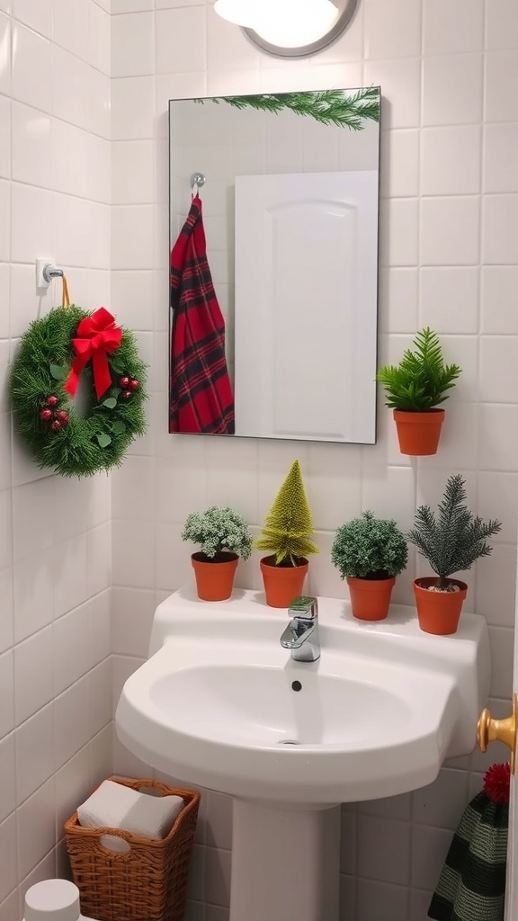 A decorated bathroom with potted plants and a festive wreath.