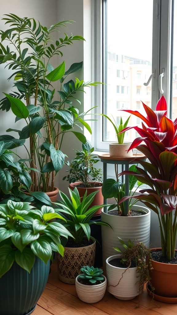 Indoor plants in various pots near a window