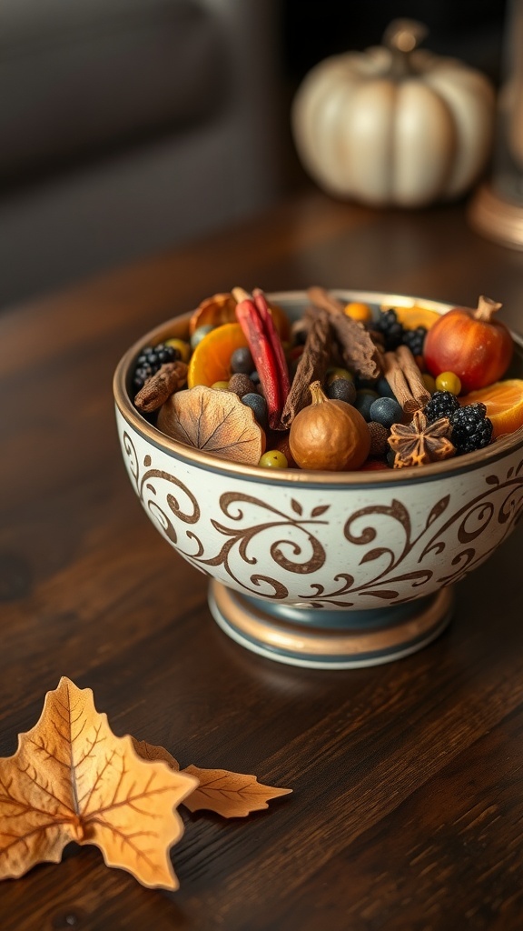 A decorative bowl filled with seasonal potpourri including dried fruits, spices, and leaves.