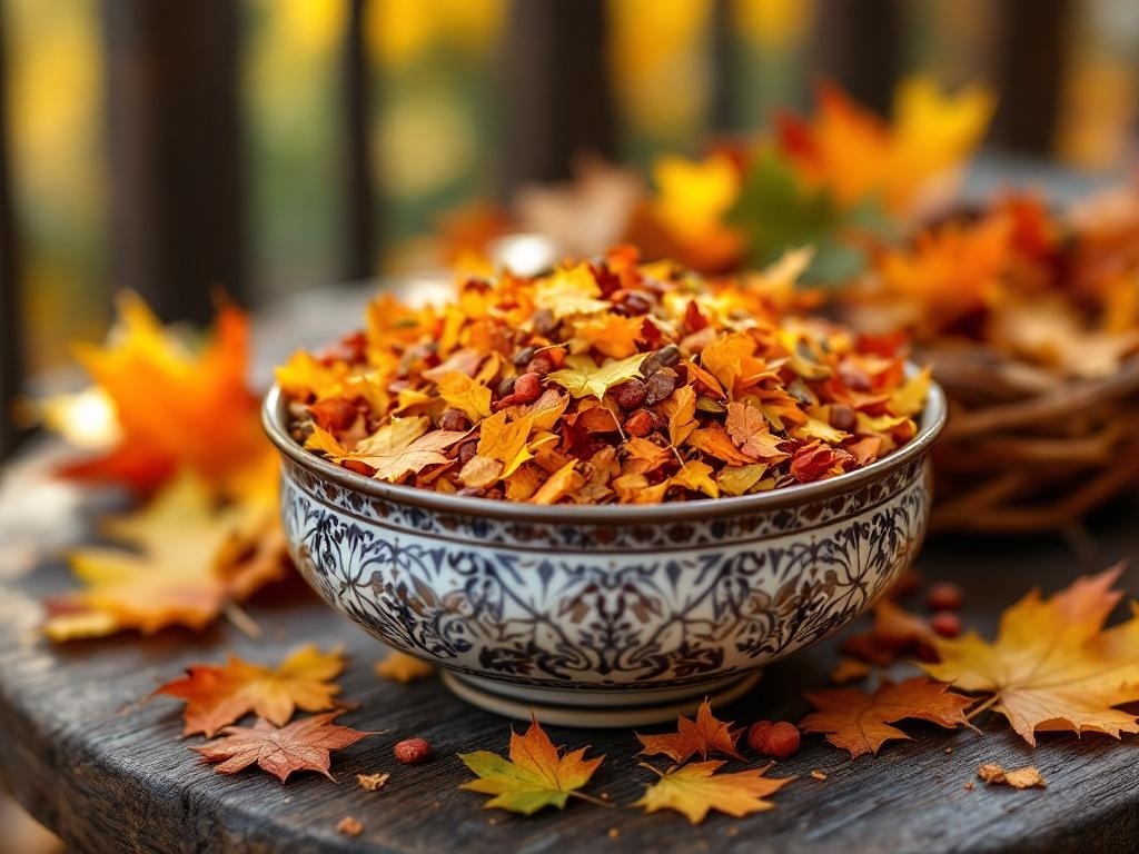 A decorative bowl filled with colorful autumn leaves and nuts, surrounded by more leaves on a wooden surface.