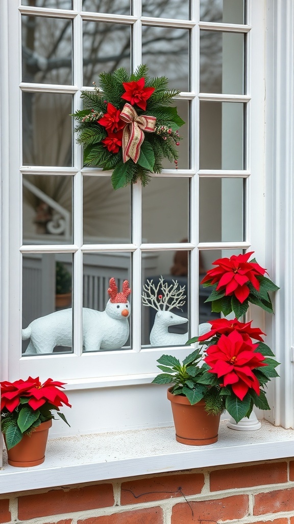 A window decorated for Christmas with a wreath and potted poinsettias.