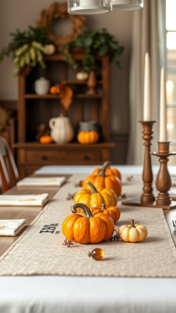 A Thanksgiving table with a seasonal pumpkin table runner featuring various pumpkins, candle holders, and rustic decor.