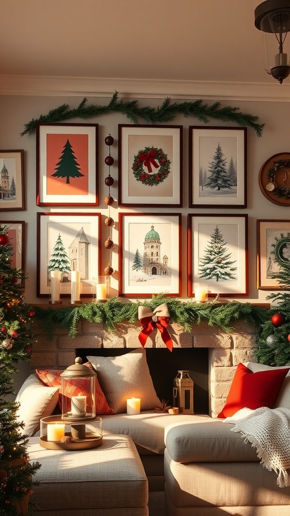 A collection of framed seasonal quote prints on a wall.