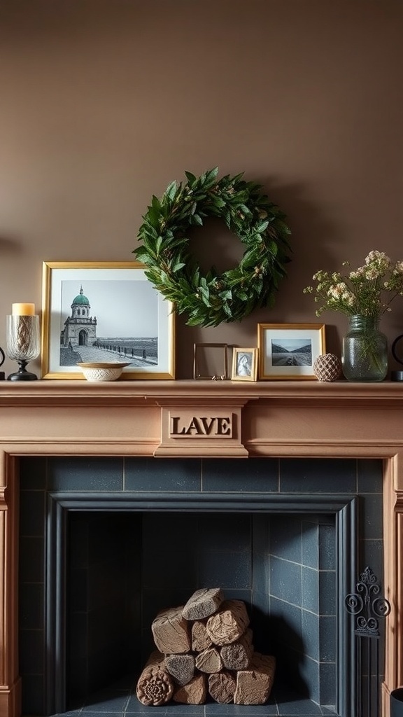 A fall-themed fireplace mantle decorated with seasonal quotes, pumpkins, and a green wreath.
