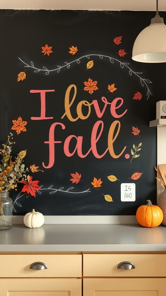 Chalkboard display with autumn leaves and seasonal recipes