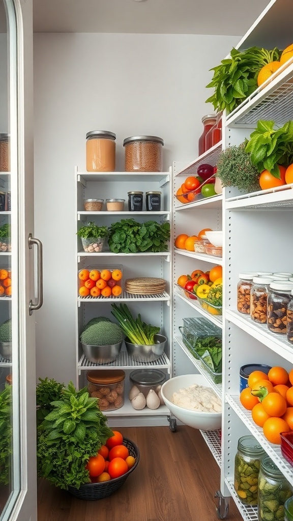 Organized pantry with fresh fruits, vegetables, and jars on shelves.