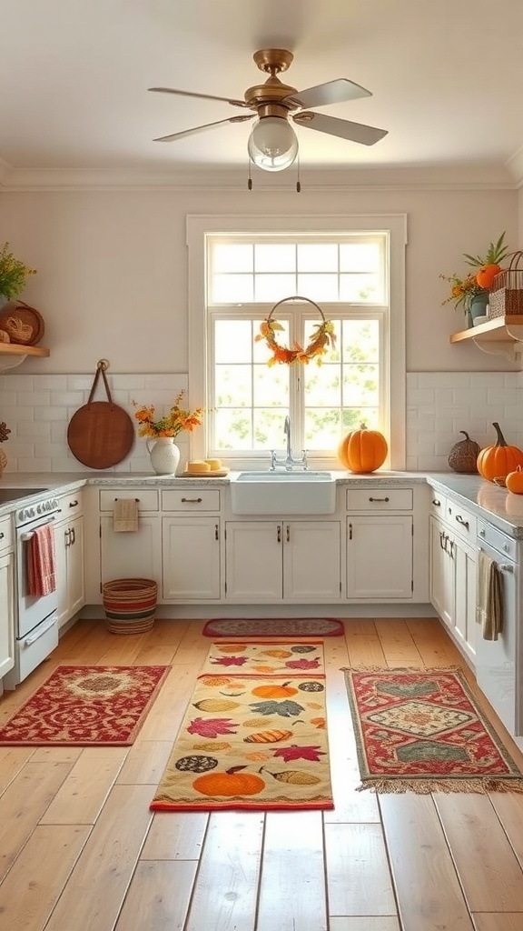 A cozy farmhouse kitchen with seasonal rugs featuring autumn leaves and warm colors.