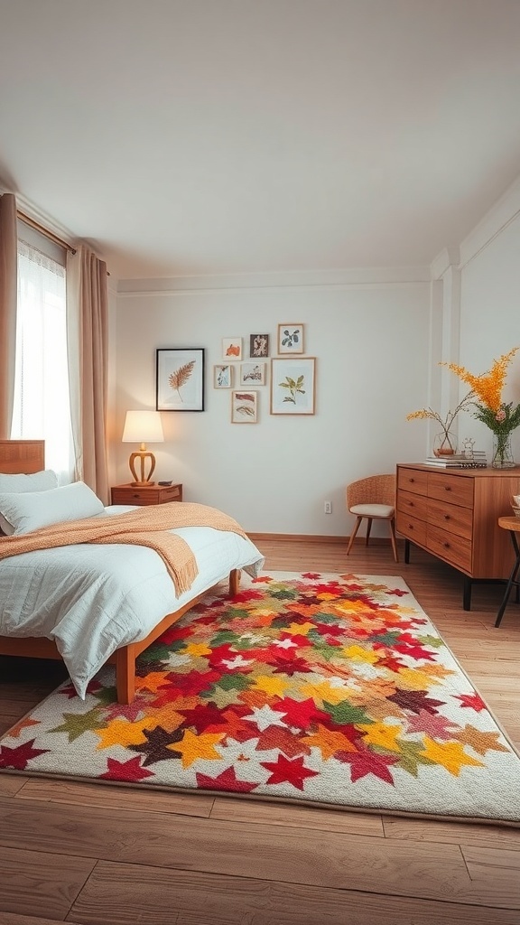 A cozy bedroom featuring a colorful rug with leaf patterns, a bed, and wooden furniture.