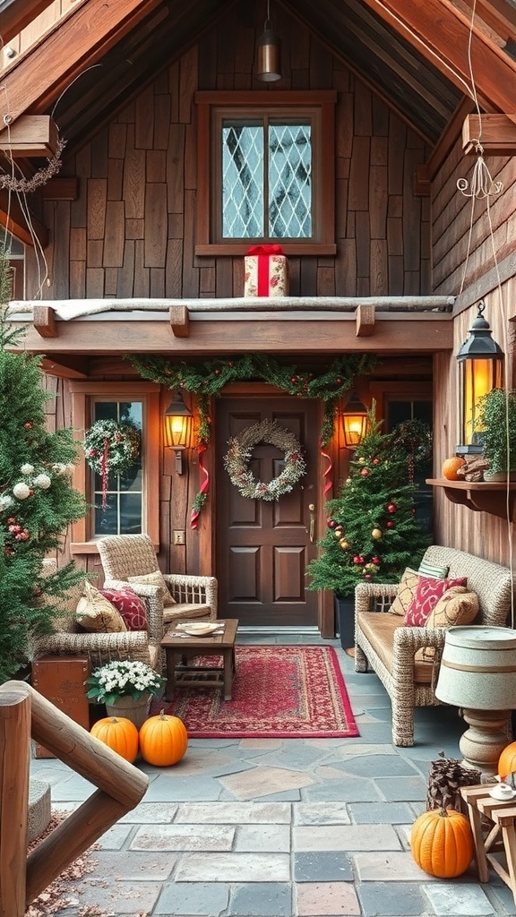 A rustic entrance decorated for the season with pumpkins, wreaths, and cozy seating.