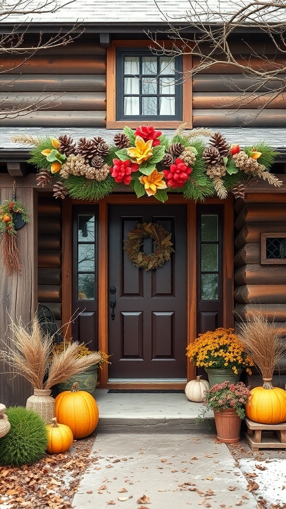 A rustic home entrance decorated with pumpkins, flowers, and autumn foliage.