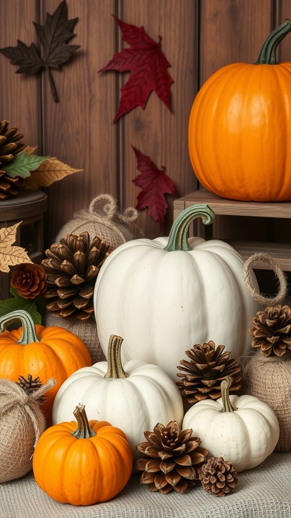 A collection of orange and white pumpkins with pinecones and burlap accents, set against a wooden background.