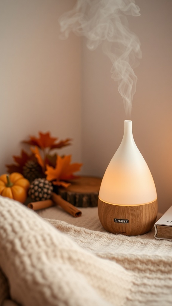 A stylish scent diffuser releasing steam, surrounded by fall decor including pumpkins and autumn leaves.