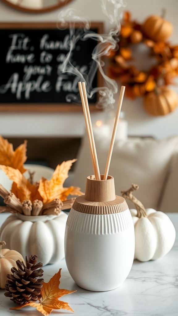 A white ceramic scent diffuser with wooden accents releasing fragrance, surrounded by autumn decorations including pumpkins, pinecones, and leaves.