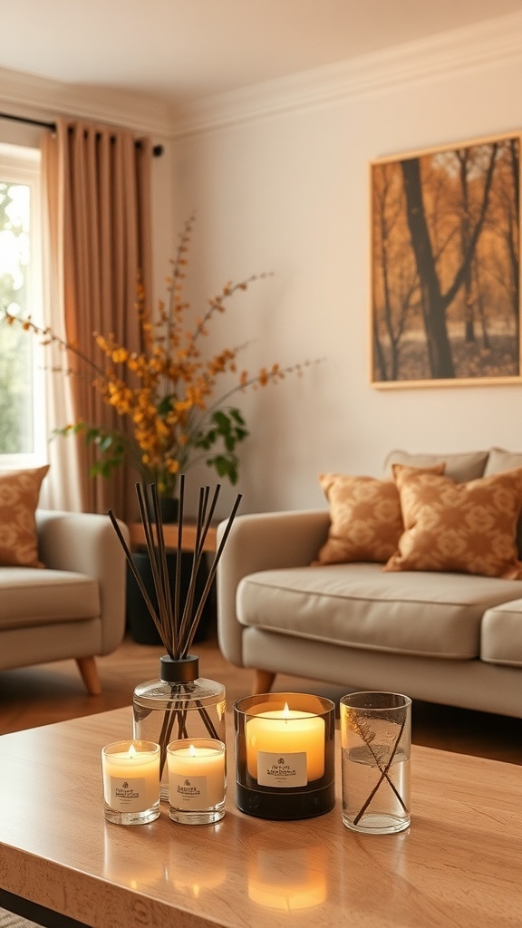 A cozy living room with candles and a diffuser, showcasing fall decor elements.