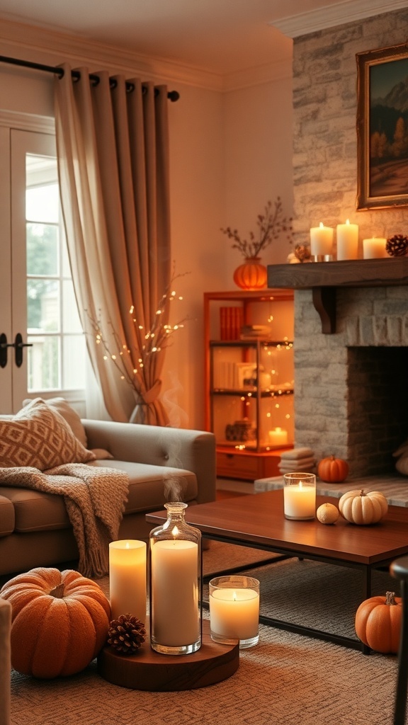 Cozy fall living room with candles, pumpkins, and warm decor