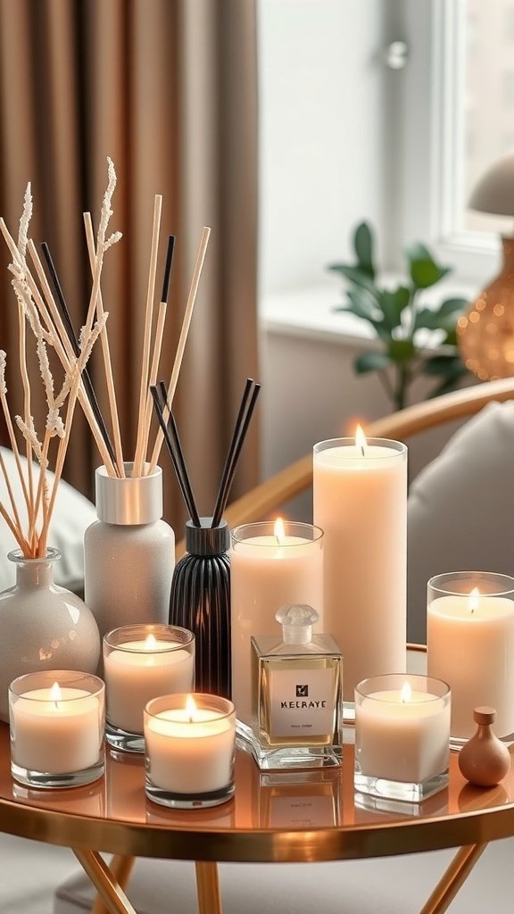 A collection of candles and diffusers on a table, creating a cozy winter atmosphere.