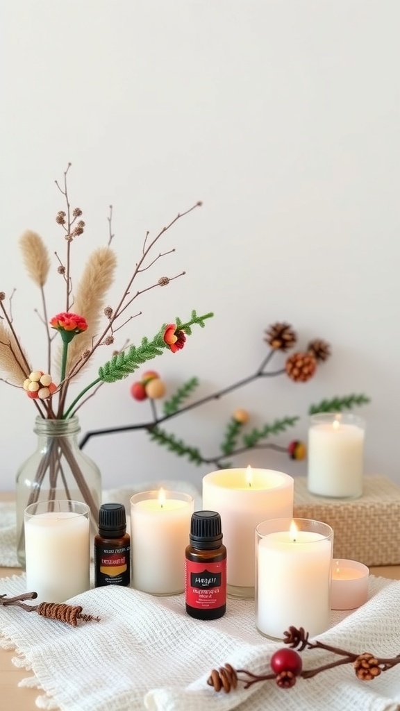 A cozy arrangement of candles and essential oils with natural decorations.