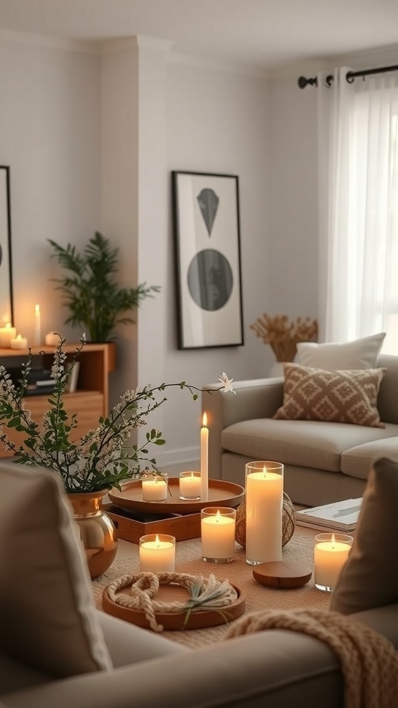 Cozy living room with candles and a diffuser on a table.